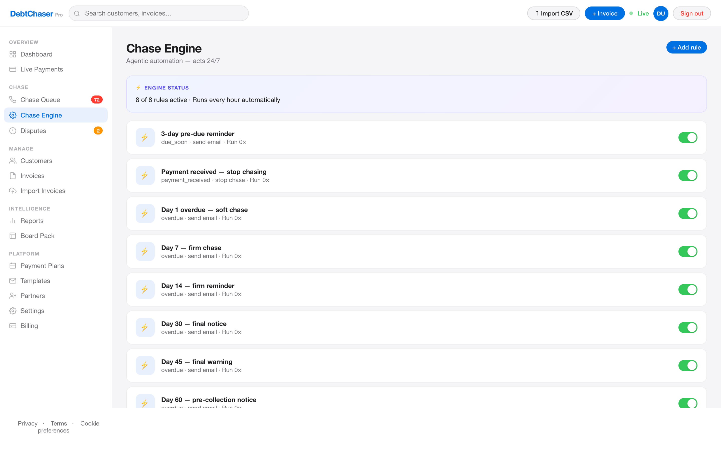 DebtChaser Pro Chase Engine screen showing the automated chase ladder rules